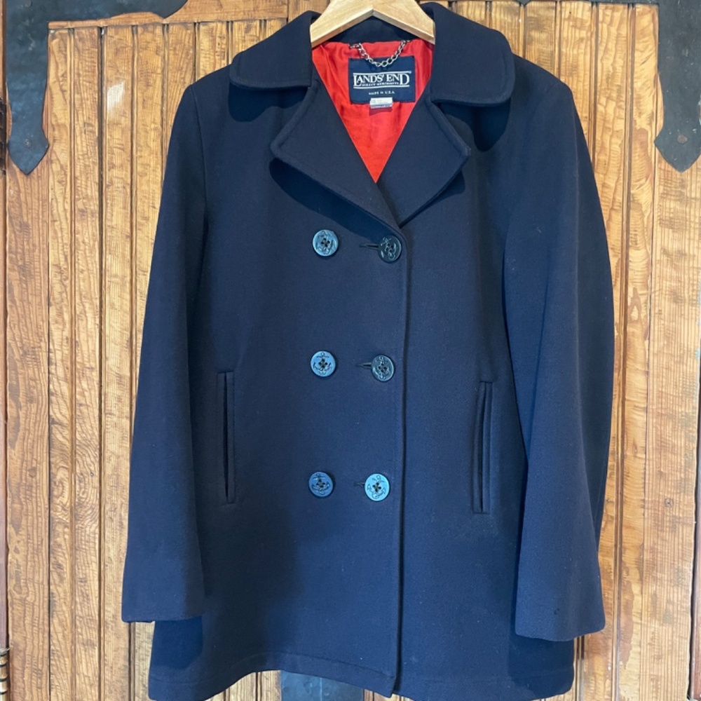 Vintage Lands End Mens Double Breasted Wool Pea Coat Size 12